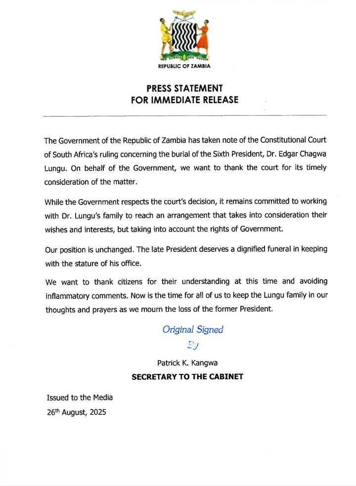 Family Statement on Constitutional Court Ruling Regarding the Burial of Former President Edgar Chagwa Lungu