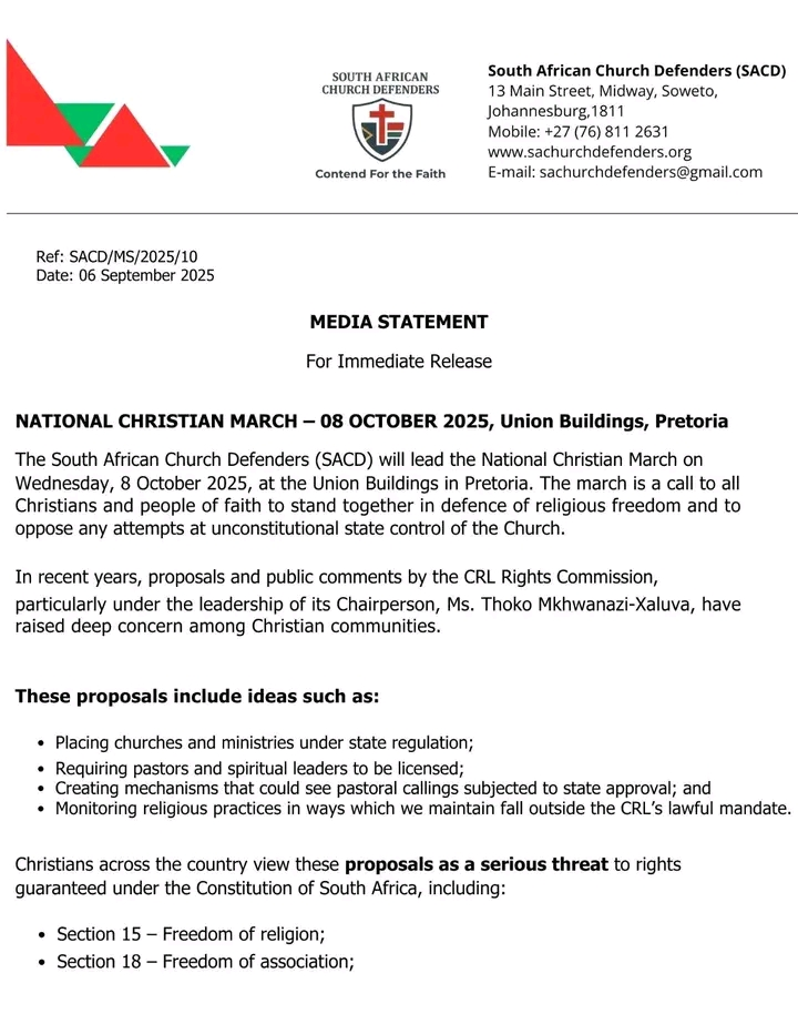 South African Christians to March for Religious Freedom on 8 October