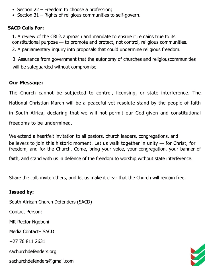 South African Christians to March for Religious Freedom on 8 October