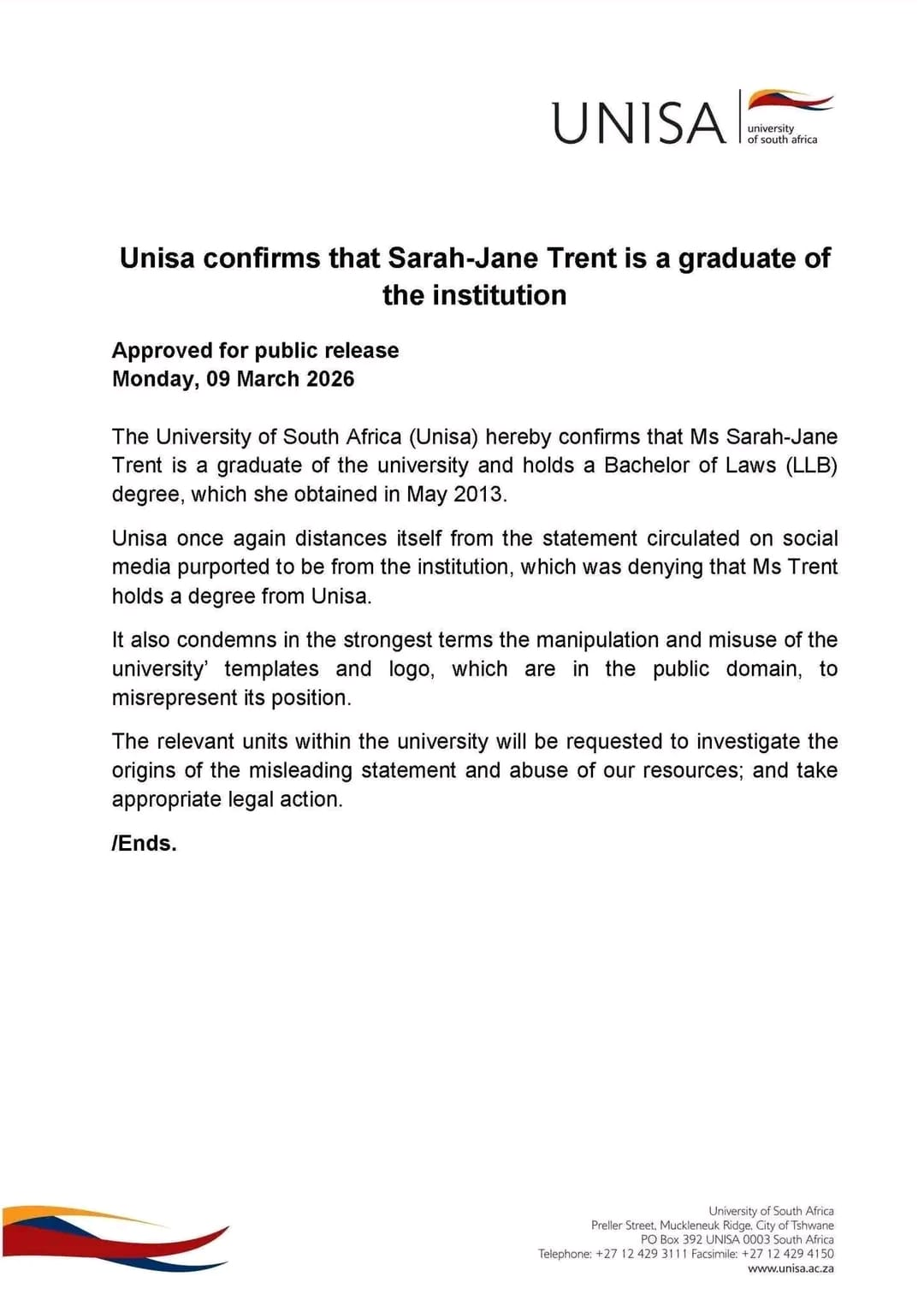 UNISA Confirms Sarah-Jane Trent Holds Law Degree After Fake Statement Sparks Social Media Storm