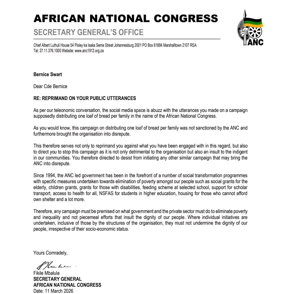 ANC SG Fikile Mbalula Reprimands Deputy Minister Bernice Swart On One Loaf, One Family Campaign