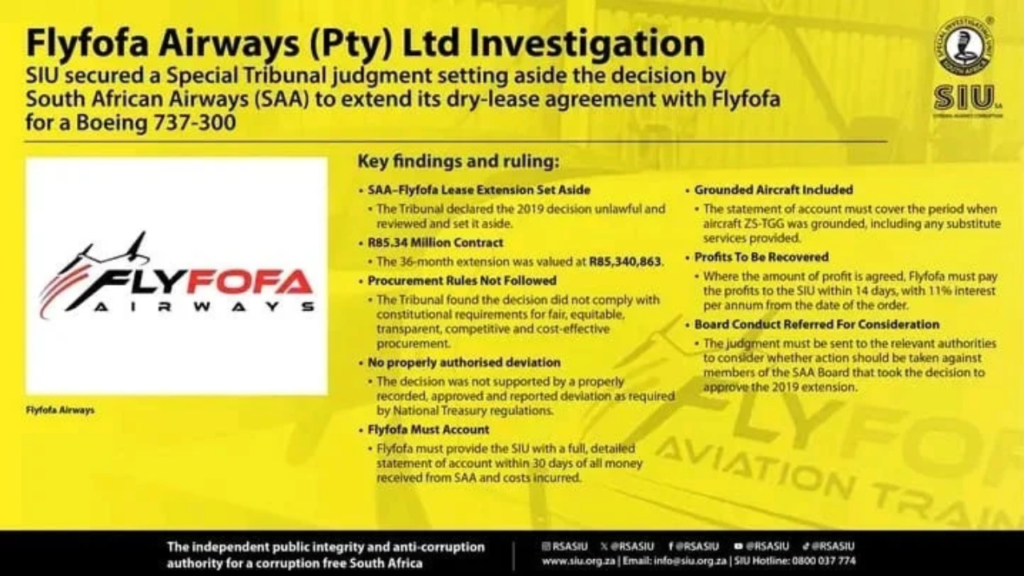 Special Tribunal Orders Flyfofa Airways to Repay Profits From Unlawful R85m SAA Lease Extension