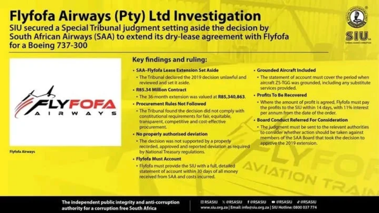 Special Tribunal Orders Flyfofa Airways to Repay Profits From Unlawful R85m SAA Lease Extension
