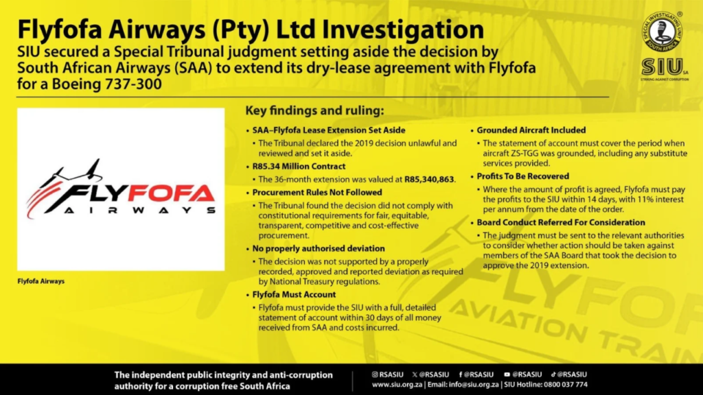 Tribunal Sets Aside R85.3M SAA–Flyfofa Deal, Orders Accounting of Profits