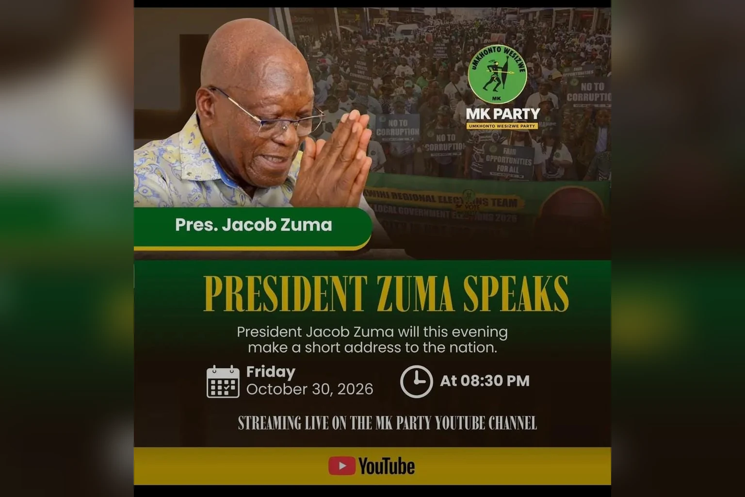 Jacob Zuma Set for Live Address on MK Party YouTube Channel Tonight